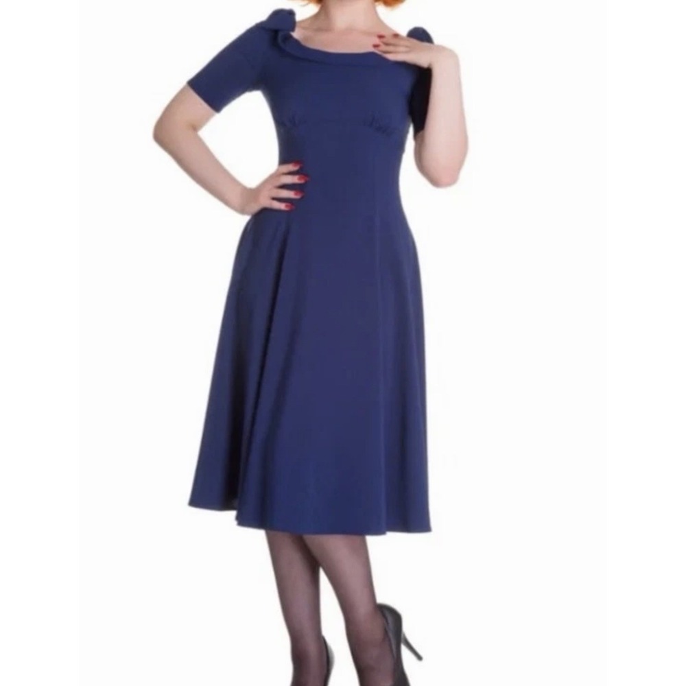 Hell Bunny Vixen Dress Blue Large Rockabilly Pinup Retro Secretary Empire Waist